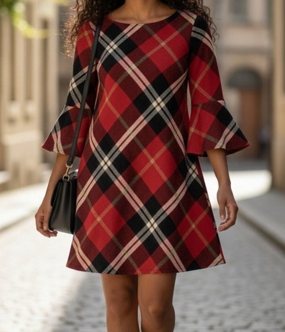 Jessica Howard Red Plaid Bell Sleeve Shift Dress Women's Size Small New With Tag